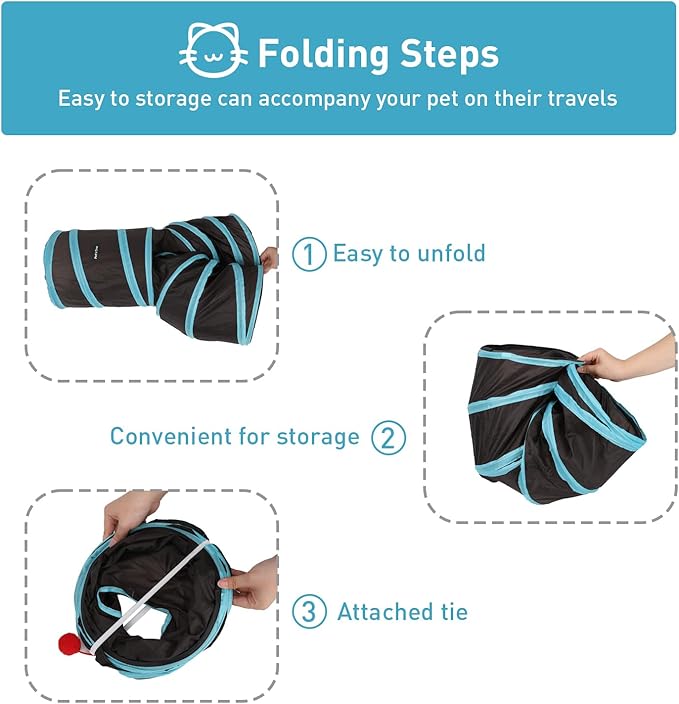 3 Way Cat Tunnel and Tube, Cat Tunnels for Indoor and Outdoor Cats, Collapsible Cat Tunnels with Peek Hole for Cat, Puppy, Kitty, Rabbit, Puppy (T-Shaped Black-Blue)