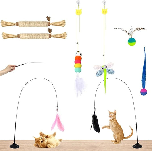 Interactive Cat Toys for Indoor Cats,4PCS Retractable Cat Feather Toy, 2PCS Silvervine Sticks Catnip Toys for Teeth Cleaning,2PCS Bouncy Ball Cat Toy w/Tail,Kitten Toys for Chasing Exercise