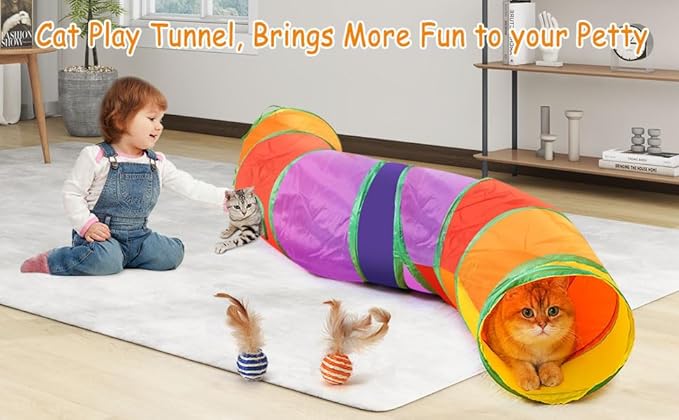 Foldable Cat Tunnel, S Shaped 2-Way Cat Tunnels for Indoor Cats, Collapsible Cat Play Tunnel, Interactive Toy Maze Cat House with 2 Play Balls for Cats, Puppy, Kitty, Kitten, Rabbit