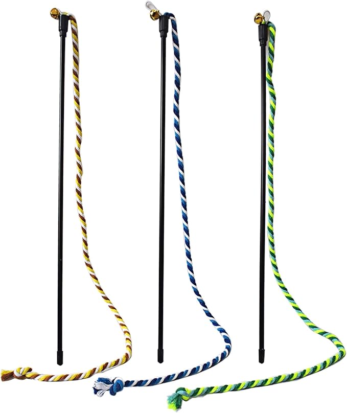 Cat Wand Toys, 3 PCS String Cat Toys Colorful Hemp Rope Cat Stick Interactive Cat Teaser Wand for Cat Kitten Kitty Playing Toy