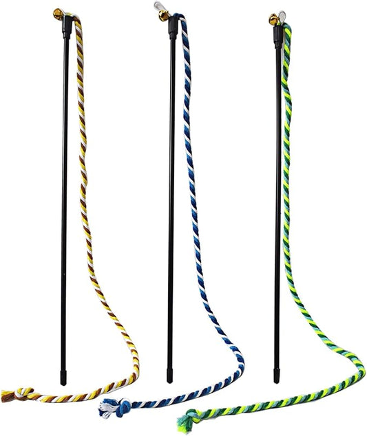 Cat Wand Toys, 3 PCS String Cat Toys Colorful Hemp Rope Cat Stick Interactive Cat Teaser Wand for Cat Kitten Kitty Playing Toy