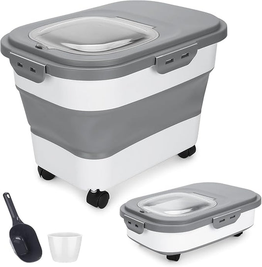 Dog Food Storage Container 17 lb, Airtight Pet Food Storage Containers with Wheels & Removable Sealed Lid, Collapsible Cat Food Containers Dry Food with Scoop and Measuring Cups