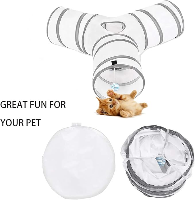 Cat Toys Cat Tunnel and Cat Cube Pop Up Collapsible Kitten Indoor Outdoor Toys-Collapsible 3 Way Cat Tube- for Cat, Puppy, Kitty, Kitten, Rabbit (White)