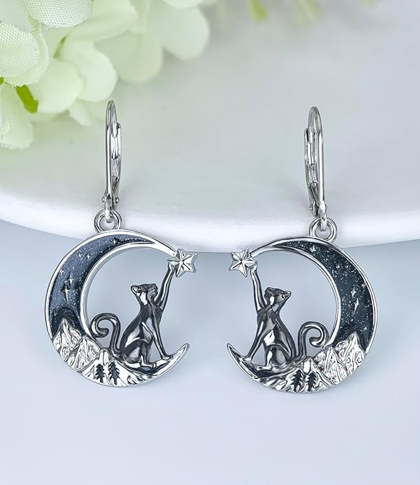 Black Cat/Bat/Spider/Pumpkin/Wolf/Bunny/Sun and Moon/Turtle/Raven 925 Sterling Silver Leverback Dangle Earrings Moon Gothic Christmas Earrings Jewelry Gift for Women