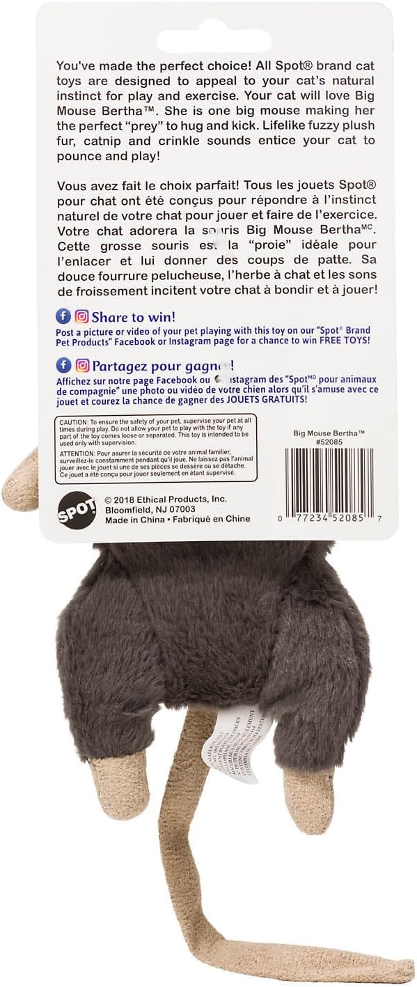 SPOT Big Mouse Bertha with Catnip - Lifelike Cat Toy, Fuzzy Mice with Catnip and Crinkle Sound, Large Size for Cuddling, Chasing, Playing - 7in Plush Toys, Assorted Colors