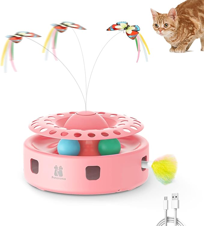 Potaroma Cat Toys 3-in-1 Automatic Interactive Kitten Toy, Fluttering Butterfly, Random Moving Ambush Feather, Track Balls, Dual Power Supplies, USB Powered, Indoor Exercise Cat Kicker (Pink)
