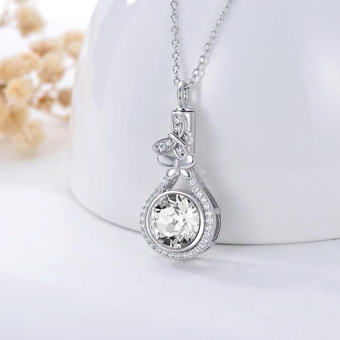 AOBOCO Butterfly Urn Necklace for Ashes 925 Sterling Silver Butterfly Cremation Jewelry Memorial Keepsake Pendant with 12 Months Birthstone Crystal from Austria
