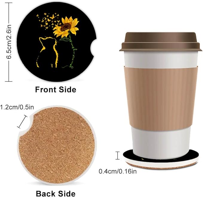 Absorbent Car Cupholder Coaster 2 Pack,Ceramic Stone Coaster with a Finger Notch for Women & Lady,Cork Base Drink Coasters 2.56 Inch,Cute Auto Accessories Gifts - Yellow Cat Sunflower