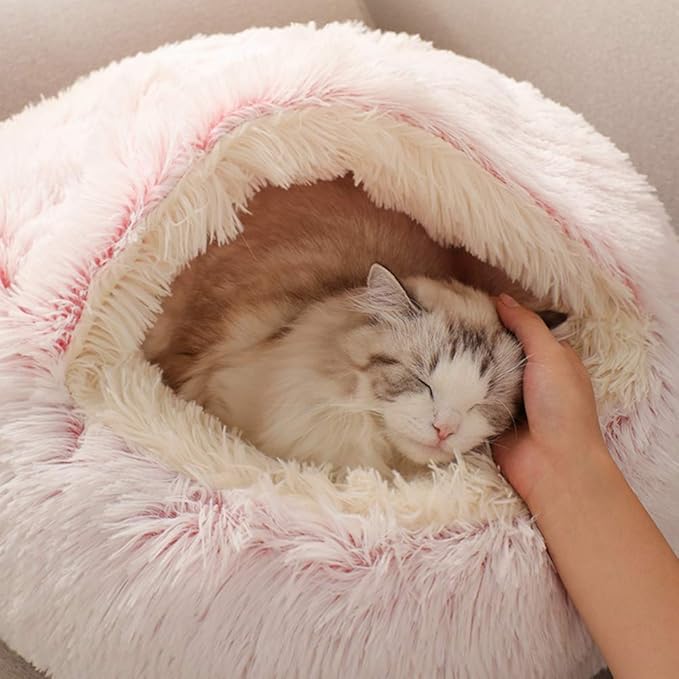 La La Pet® Modern Pet Soft Plush Burrowing Cave Faux Fur Cuddler Round Cat Bed Self Warming Autumn Winter Indoor Snooze Sleeping Cozy Nest for Mini Medium Sized Dog Kitty Teddy Kennel (Pink, M)