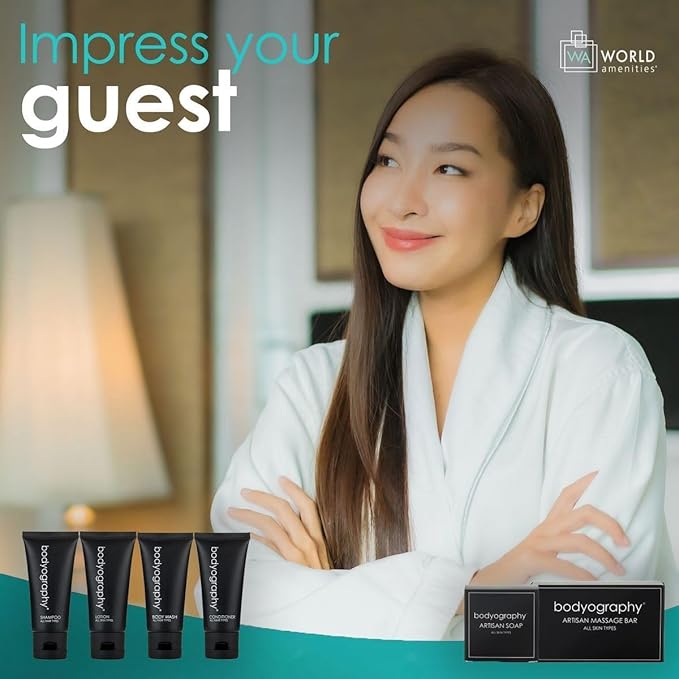 Bodyography Toiletry Kit, 6 Piece Set Shampoo, Conditioner, Body Wash, Lotion, Hand Soap, Massage Bar, Clear Travel Bag