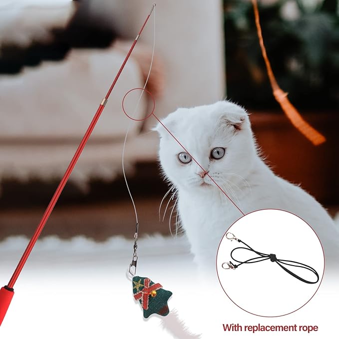 HOSUKKO 10PCS Cat Toys for Christmas Catnip Toys Interactive Feather Toys for Indoor Cats Replaceable Kitten Feather Toys with Ring Bells Retractable Cat Wand Colorful Cute Kitten Toys Gift