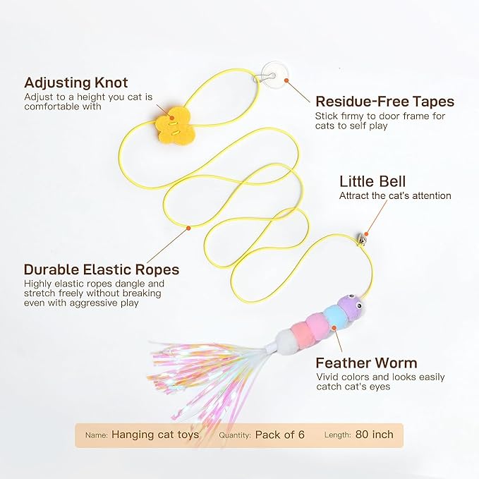 AYWVRBST 6Pcs Retractable Cat Toy with Bell, Hanging Interactive Cat Toy 6 Different Pieces, Cat Chase Practice, Indoor Cat Self-Play Toy, Cat Teaser Toy with Adhesive Hooks