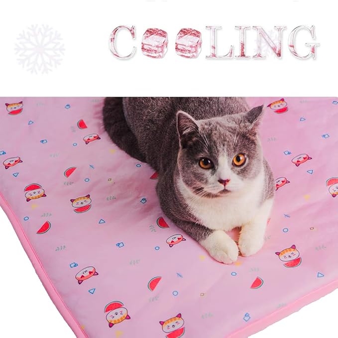 SEIS Dog Ice Pad Ice Silk Cats Kennel Mat Pet Cooling Pad Summer Cool Bamboo Mat Breathable Pad (Pink Cat, L