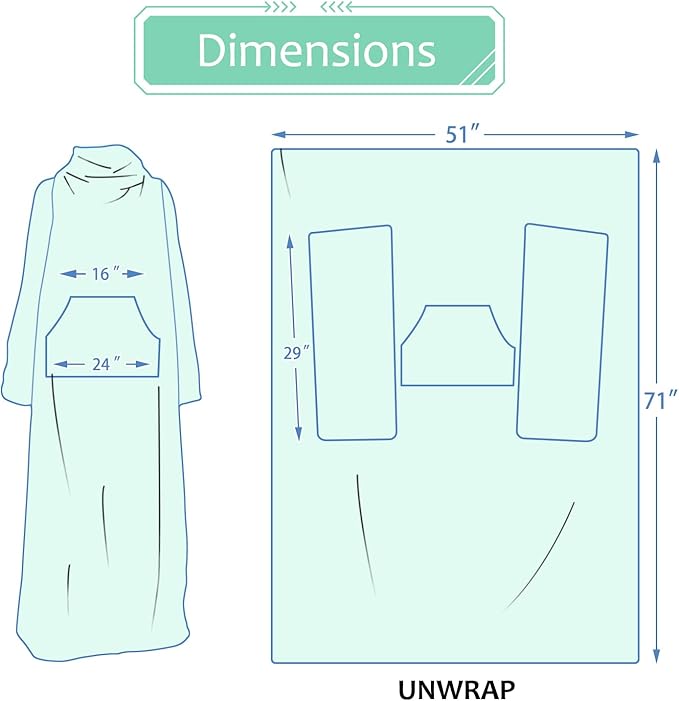 Solaris Travel Wearable Blanket with Sleeves, 2 in 1 Packable Airplane Pillow Blanket for Adult Women Men, Soft Cozy Warm Snuggy Body Blanket for Outdoor Indoor Home Lounge, Aqua