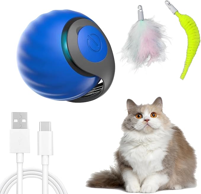 Interactive Cat Toy Ball, Automatic Moving Cat Ball Toy with Feather Tail, Indoor Smart Cat Toys, Motorised Cat Toys for Chasing & Hunting