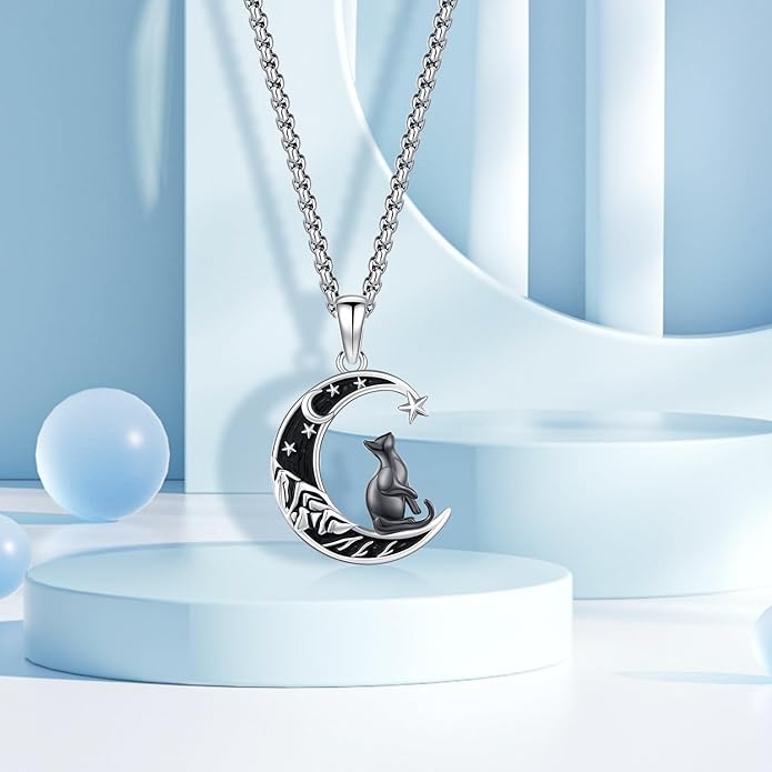 Aniu S925 Sterling Silver Cat Necklace for Women - Moon Pendant Jewelry, Gifts for Cat Lovers