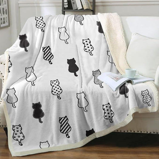 Sleepwish Black White Cat Sherpa Blanket Polka Dot Star Paw Prints Fleece Throw Blanket for Kids Girls Napping Blanket for Cat Lovers, Baby(30"x40")