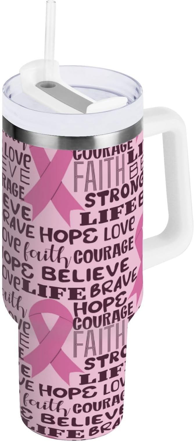 Boccsty Pink Ribbon Healthcar Breast Cancer Awareness Insulated Tumblers Reusable Stainless Steel Tumbler 40 oz Cup Coffee Travel Mug Water Bottle with Handle & Flip Straw for Home Office Car