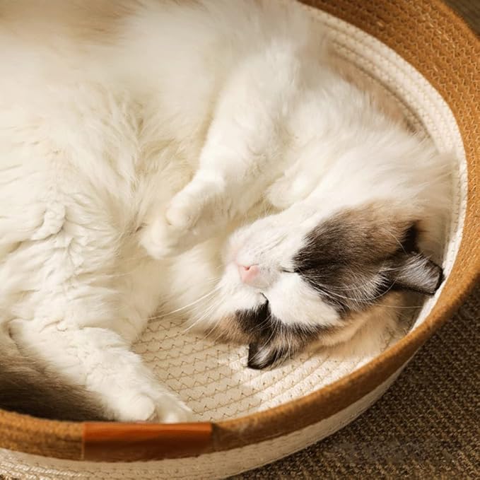 Handwoven Cotton Rope Cat Bed Cat Hammock Foldable Sleeping Nest Basket Handmade Natural Cradle Scratcher Cuddler for Kitten Cute Style with a Playing Rope Ball Large Brown