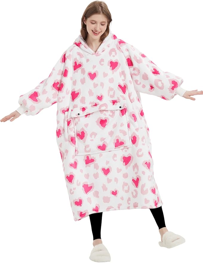 KFUBUO Wearable Blanket Hoodie for Adult Long Sherpa All Patterns Heart Oversized Hoodie Sweatshirt Blanket with Pockets Valentine Gifts for Her