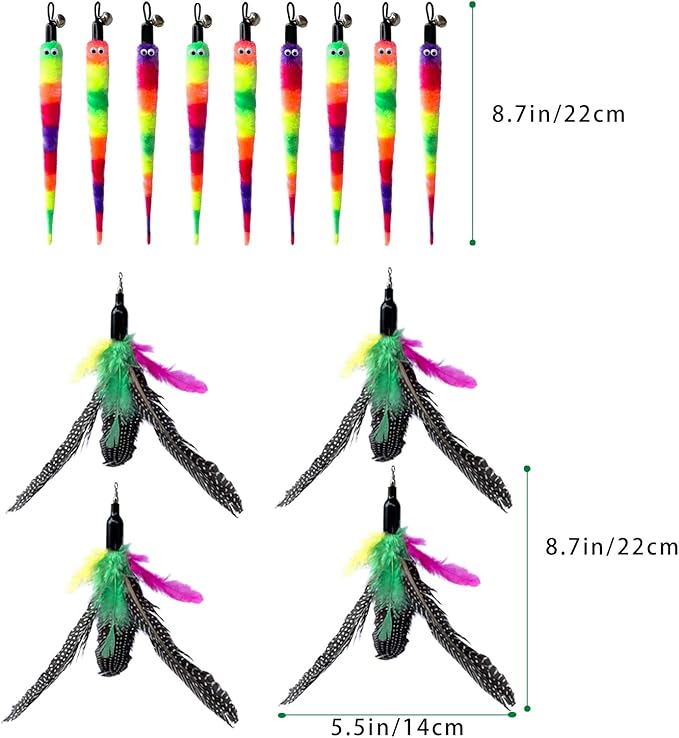 Cat Feather Toys Replacement Cat Wand Refills,，Interactive Cat Wand Toy Replacement,Cat Worms Refill,Cat Wand Toy Assorted Teaser Refills (13Pcs Feathers Worm)