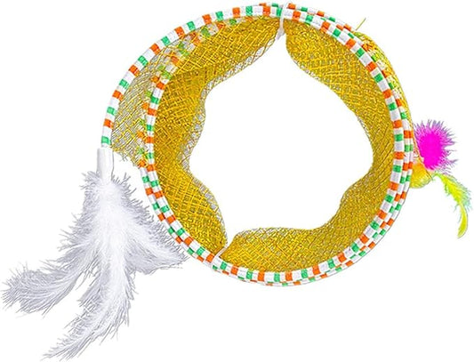 Cat Tunnel with Feather Portable Folding Elastic Mesh Spring Tunnels S Type Tunnel Cat Toy for Pet Supplies Accessories, Yellow