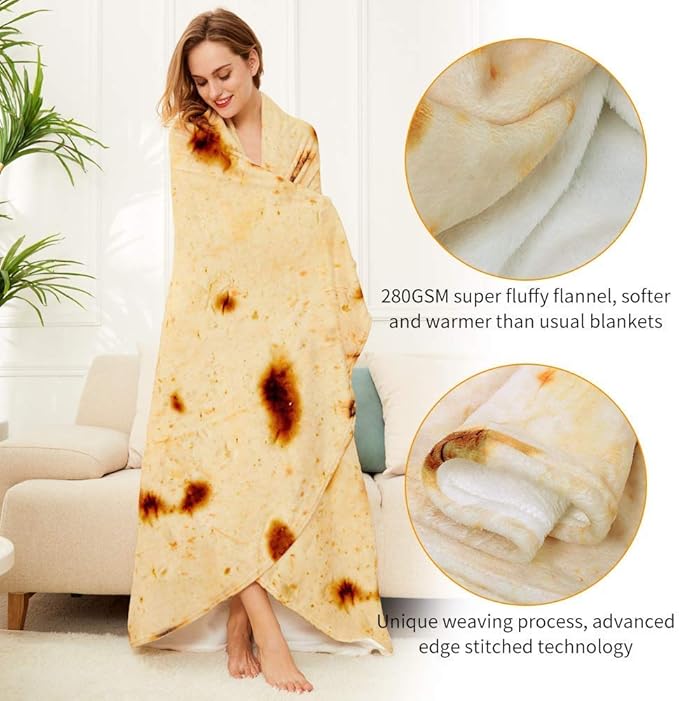 Burrito Tortilla Throw Blanket, 2.0 Double Sided Burritos Taco Tortilla Wrap Blankets for Adults Kids, Giant Funny Realistic Food Blankets, Soft Flannel Round Throw Blanket