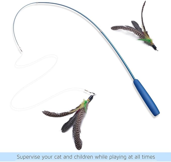 Cat Toys, Feather Wand for Indoor Kitten, 2 Pcs Wild Refill on Retractable Fishing Pole, Interactive Stick Teaser to Exercise - Blue