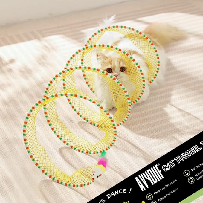 Cat Tunnel Spring Toy Cat Teaser Stick Collapsible, Kitten Tunnel Bored Pet Cat Hunting Play Tunnel with Feather Mouse Toys for Cat, Kitty, Kitten, Rabbit, Puppy (Yellow)