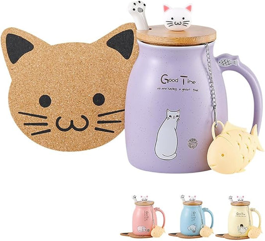 BigNoseDeer Cat Mug Kawaii Tea Cup with Infuser and Lid Purple Cat Ceramic Coffee Mug Cute Cool Preppy Stuff Birthday Gifts for Mom Gifts for Women Girlfriend Girls Cat Lover Gifts(13oz)