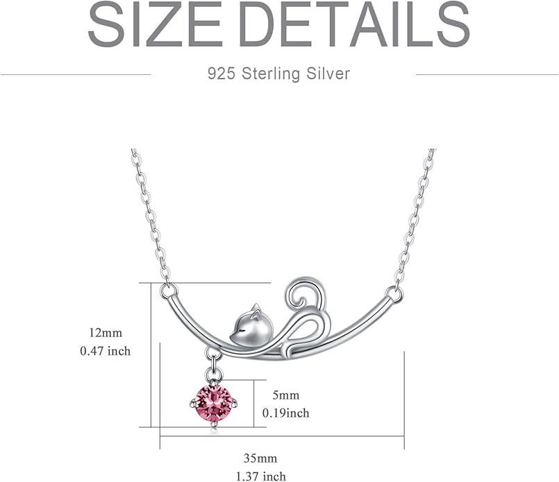 AOBOCO 925 Sterling Silver Lovely Cat Kitten Pendant Necklace with 12 Months Birthstone Crystal from Austria, Christmas Birthday Jewelry Gifts for Cat Lover