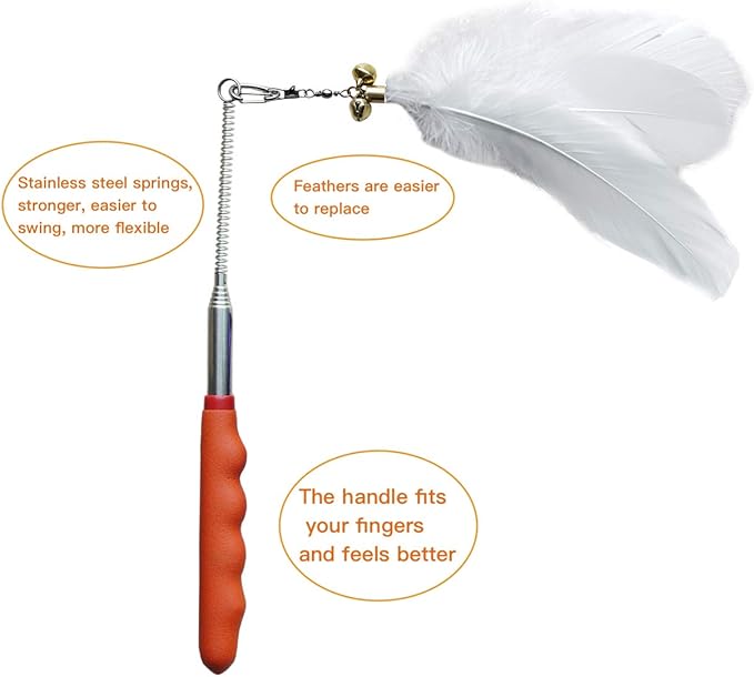 Cat Feather Toys,2PCS Telescopic Stick 33Inch and 6PCS Replacement Teaser, Stainless Steel Spring Connection Feather,Bell Sound Louder,Not Easy to Break,Easier to Replace Feathers
