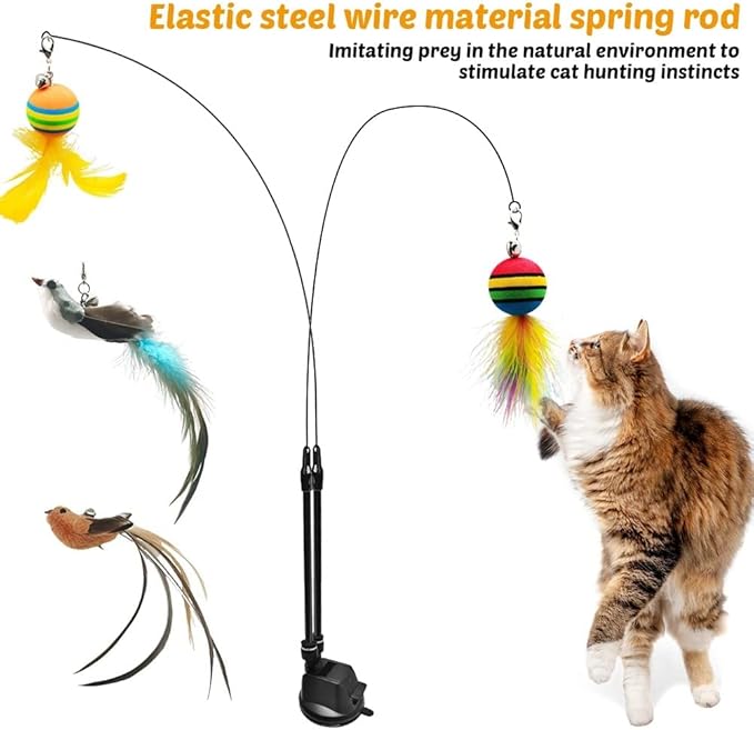 MiOYOOW Cat Feather Toy, Interactive Cat Teaser Feather Cat Toy Set with Dual Ended Suction Cup/ 4 Feather Refills for Indoor Cats Kittens