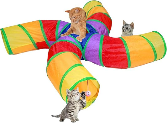 EGETOTA Cat Tunnel for Indoor Cats Large, with Play Ball S-Shape 4 Way Collapsible Interactive Peek Hole Pet Tube Toys, Puppy, Kitty, Kitten, Rabbit (S4 - Multicolor)