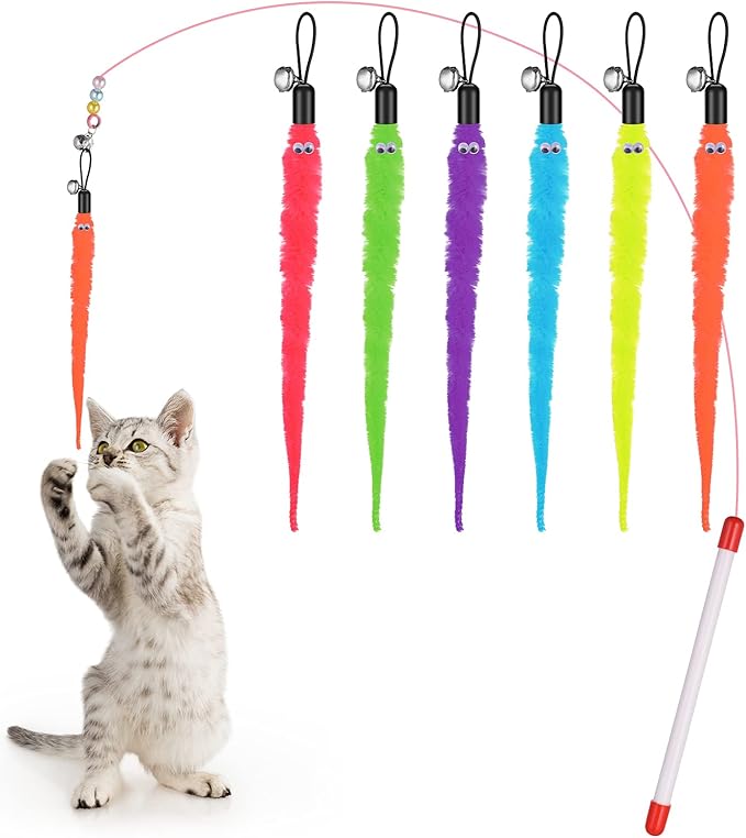 Molain Cat Wand Toy Set -Cat Teaser+ 6Pcs Furry Tail Worms with Bells (Cat Teaser+6Pcs Furry Tail Worms)