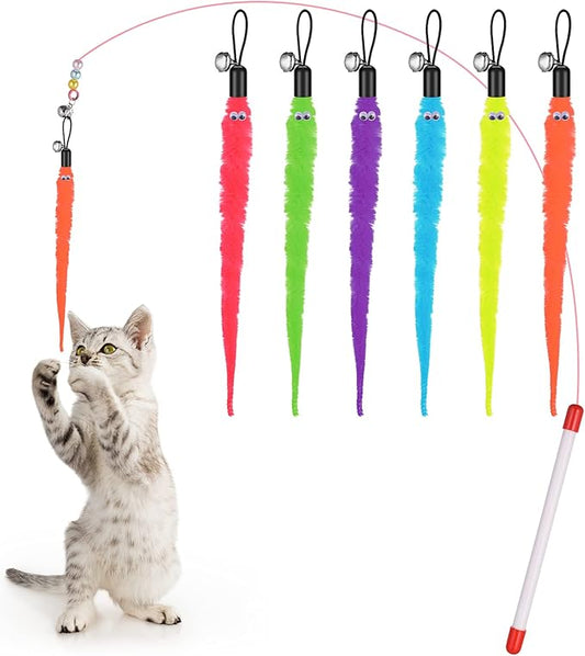 Molain Cat Wand Toy Set -Cat Teaser+ 6Pcs Furry Tail Worms with Bells (Cat Teaser+6Pcs Furry Tail Worms)