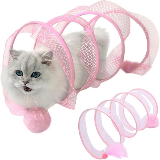Folded Cat Tunnel, Cat Tunnel for Indoor Cats, Collapsible Cat Tunnel with Feather and Bell, Folded Cat Tubes, Cat Spring Toys for Rabbits and Cats, Portable Pet Toy (Pink)