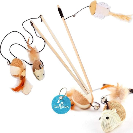 Set of 3 Natural Sisal Wand Teasers Exerciser for Cat Kitten with Mouse/Pumpkin/Fish Toy, Bell Feather Elastic String Sturdy Wood Rod-Toy for Cat