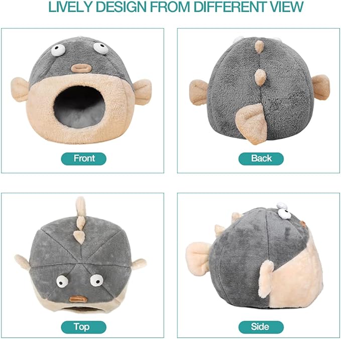 Cat Beds for Indoor Cats - Cat Bed Cave with Removable Washable Cushioned Pillow, Soft Plush Premium Cotton No Deformation Pet Bed, Lively Pufferfish Cat House Design, Grey, Multiple Sizes(M)