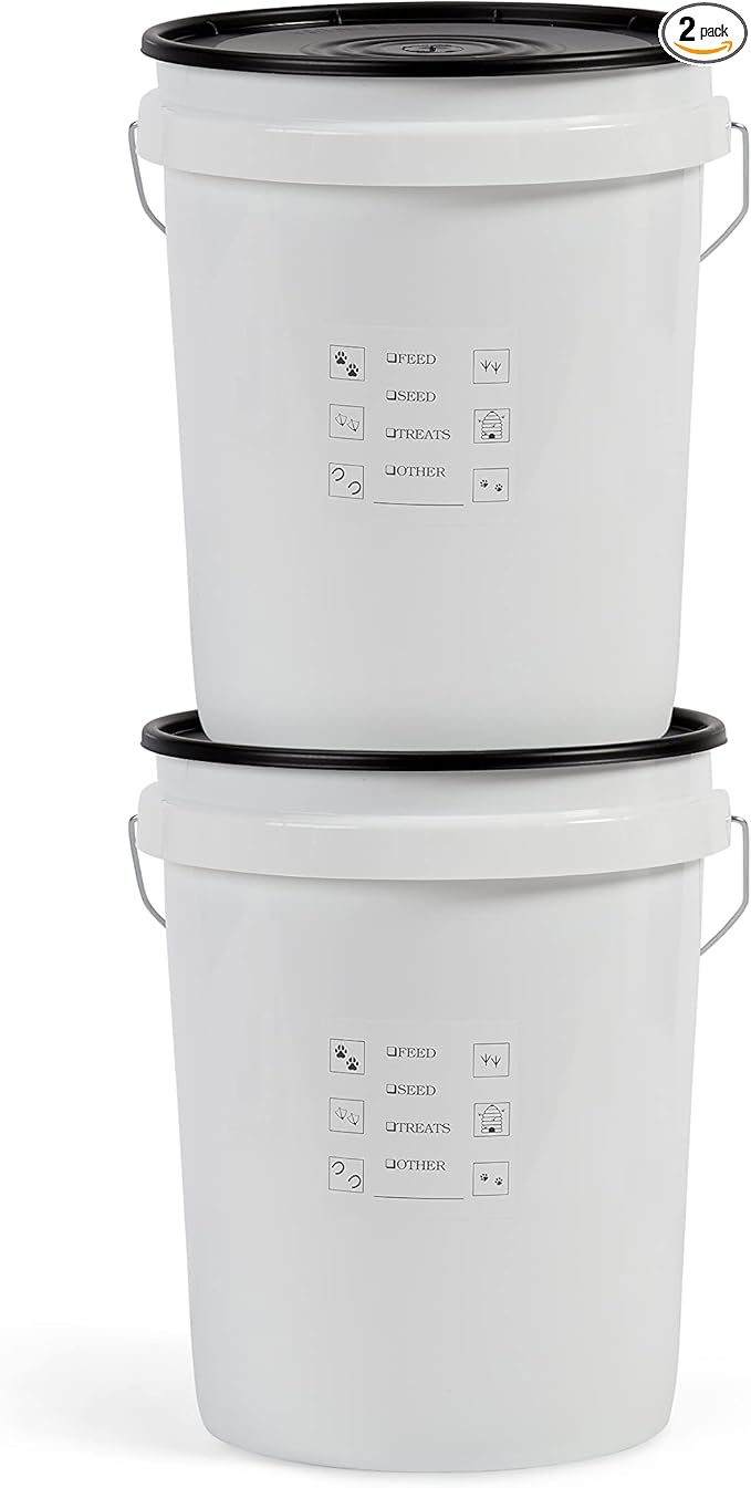 United Solutions Airtight Pet Food Storage Container, 5 Gallon Capacity, Great for Dog Food, Cat Food, Bird Seed, Dry Food Storage, White Container with Black Lid, 2-Pack