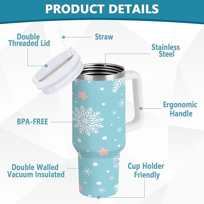 Boccsty Blue White Snowflakes Christmas Insulated Tumblers Reusable Stainless Steel Tumbler 30 oz Cup Coffee Travel Mug Water Bottle with Handle & Flip Straw for Home Office Car