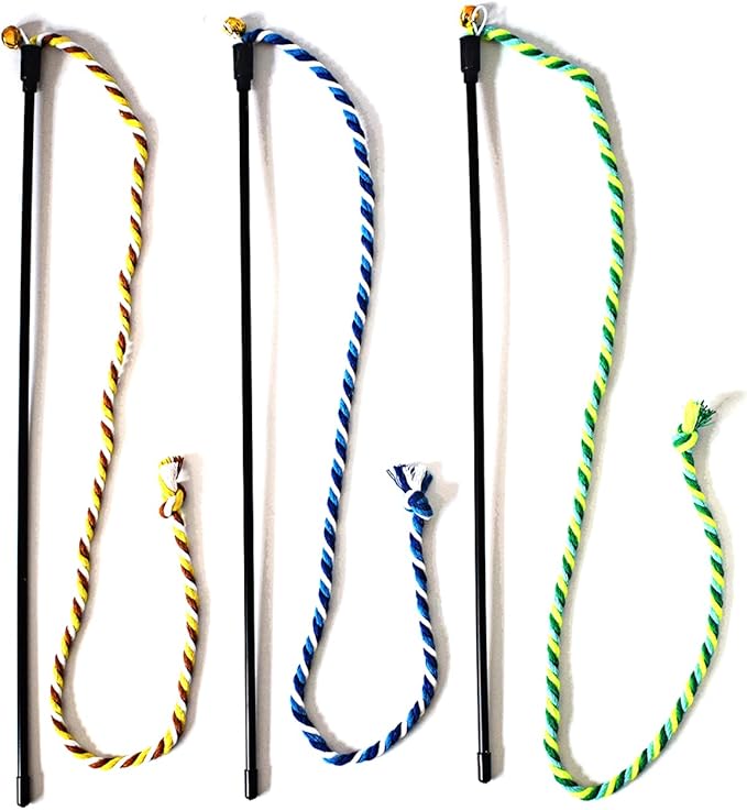 Cat Wand Toys, 3 PCS String Cat Toys Colorful Hemp Rope Cat Stick Interactive Cat Teaser Wand for Cat Kitten Kitty Playing Toy