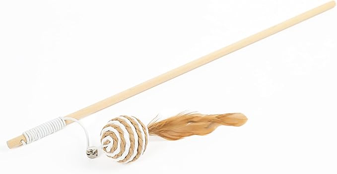 Wood Handle Teathered & Feathered Play Wand Cat Toy (Ball Feather) for All Breed Sizes
