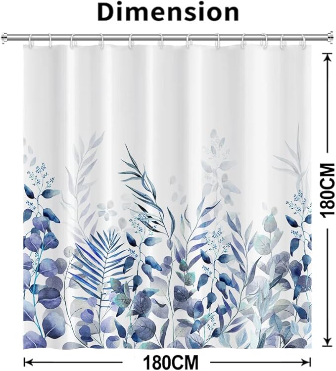 AWERT Shower Curtain Plants for Bathroom,Waterproof Quick-Drying Blue Leaves Shower Curtain Set with Hooks 72x72 Inch