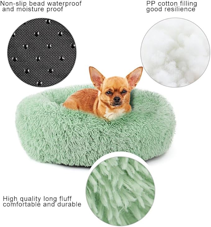 Cat Beds for Indoor Cats - Cat Bed Washable 20/24 inches, Dog Beds for Small Medium Dogs, Anti Anxiety Round Fluffy Plush Faux Fur Cat Bed, Thick Bottom (Green, Medium)
