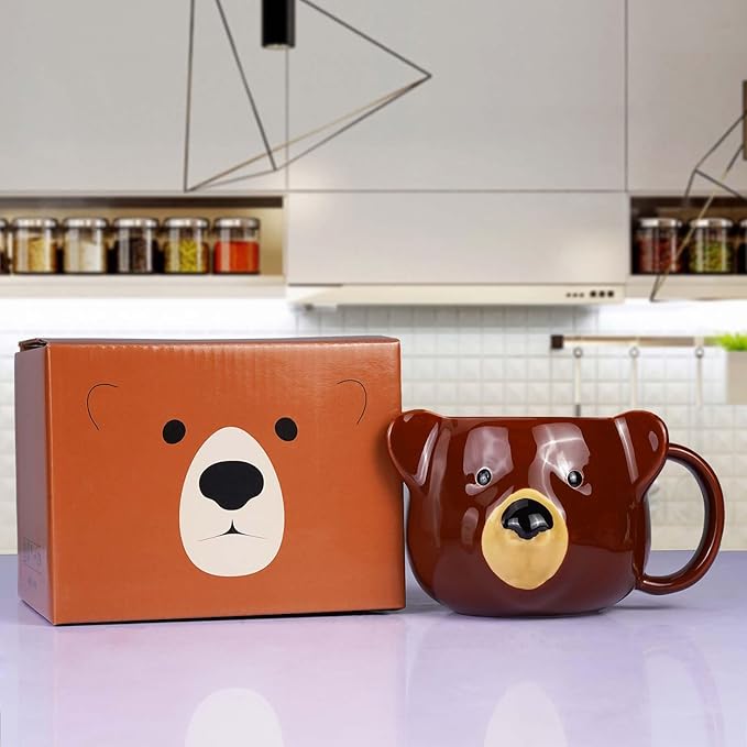Bear Mug 14 oz Ceramic Coffee Mug 3D Porcelain Tea Mug for Women Kawaii Cup Bear Gifts for Women Christmas Gifts Housewarming Holiday Birthday Gifts for Women Mom Kids Men and Friend Brown