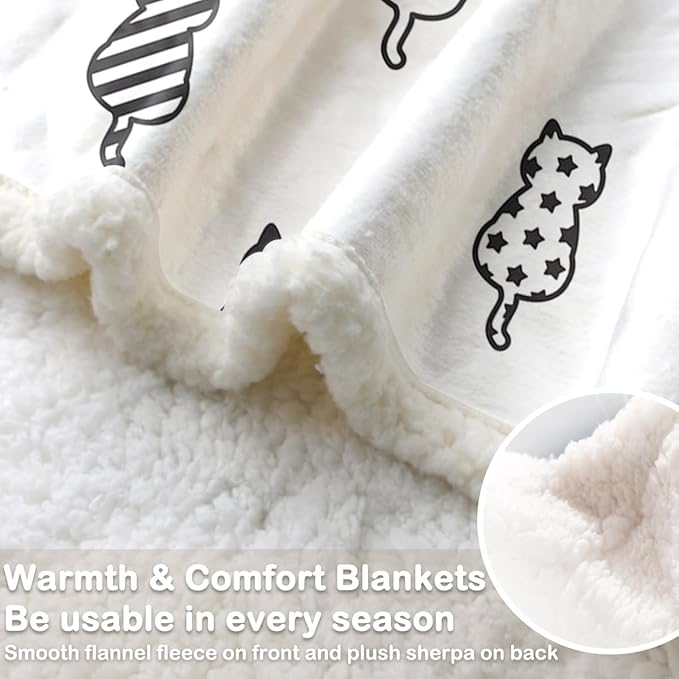 Sleepwish Black White Cat Sherpa Blanket Polka Dot Star Paw Prints Fleece Throw Blanket for Kids Girls Napping Blanket for Cat Lovers, Throw(50" X 60")