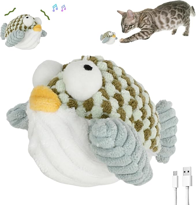 Interactive Flapping Bird Cat Toys, Rechargeable, Touch Activated, Catnip, Chirping Bird Toys for Indoor Cats and Kittens (Puffer Fish)