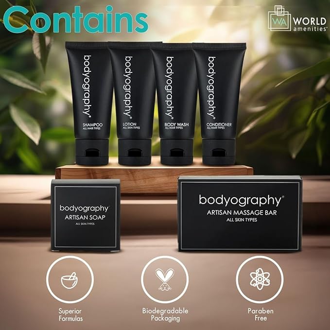 Bodyography Toiletry Kit - 6 Piece Set Shampoo, Conditioner, Body Wash, Lotion, Hand Soap, Massage Bar, Clear Travel Bag