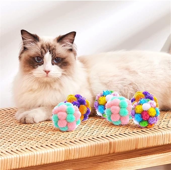 TUSATIY Cat Toys Balls with Bells 3PCS, Color Cat Pom Pom Balls,Tinsel Sparkle Balls,Interactive Toy for Indoor Cats Kitten